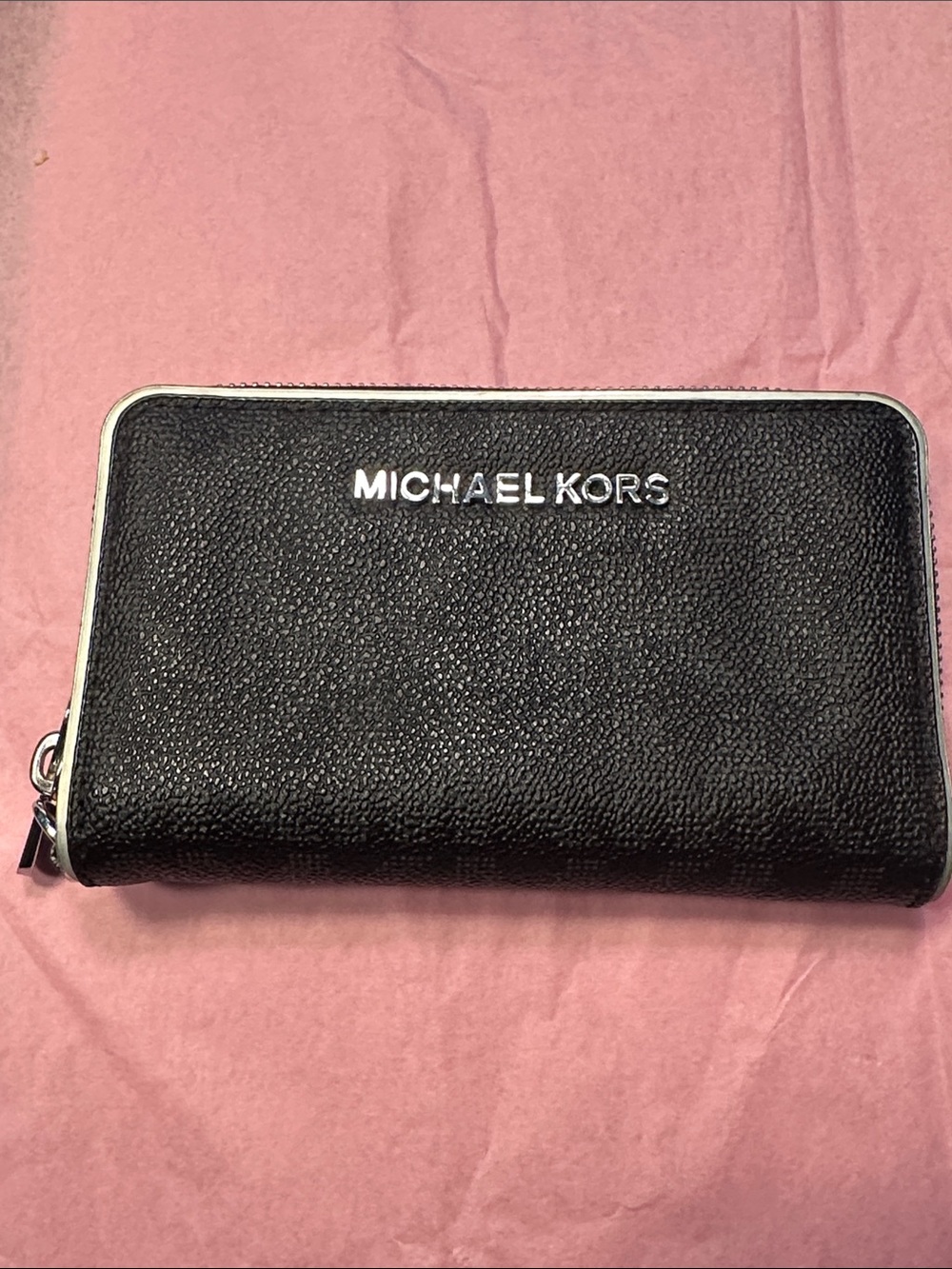 Michael Kors Black Pebbled Leather Zip Wallet with Silver Trim